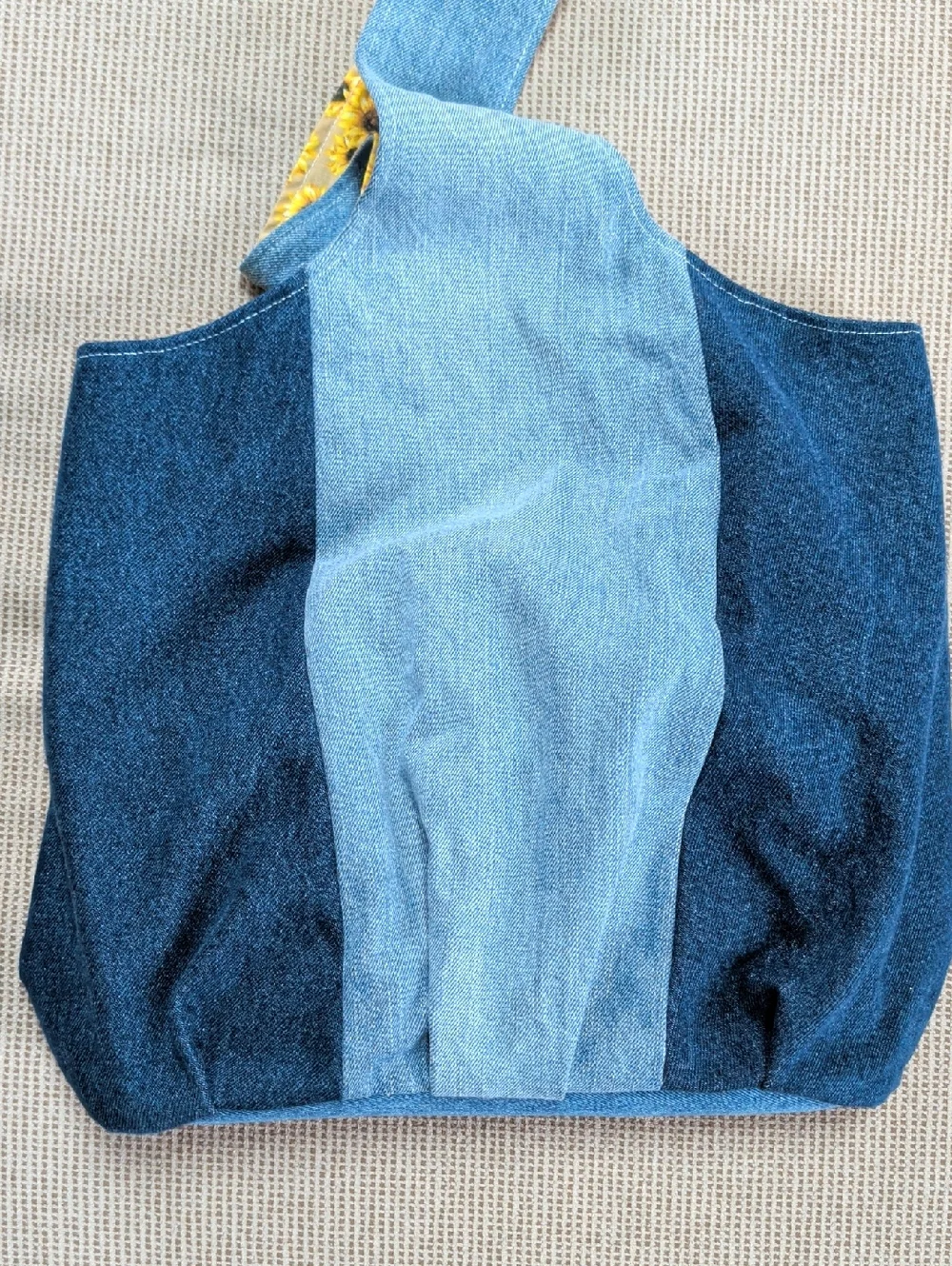 Denim Color Block Handmade Hobo Bag With Sunflower Pattern Lining.